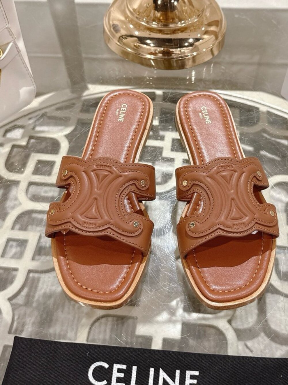 Celine Triomphe Brown Leather Slide Sandals Embossed Logo Flat Slippers